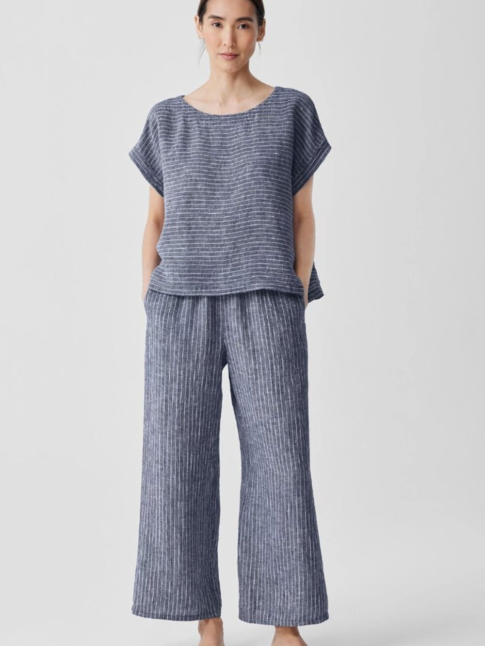 Eileen Fisher Puckered Organic Linen Set Ballet-Neck Top Wide-Leg Pants Size M